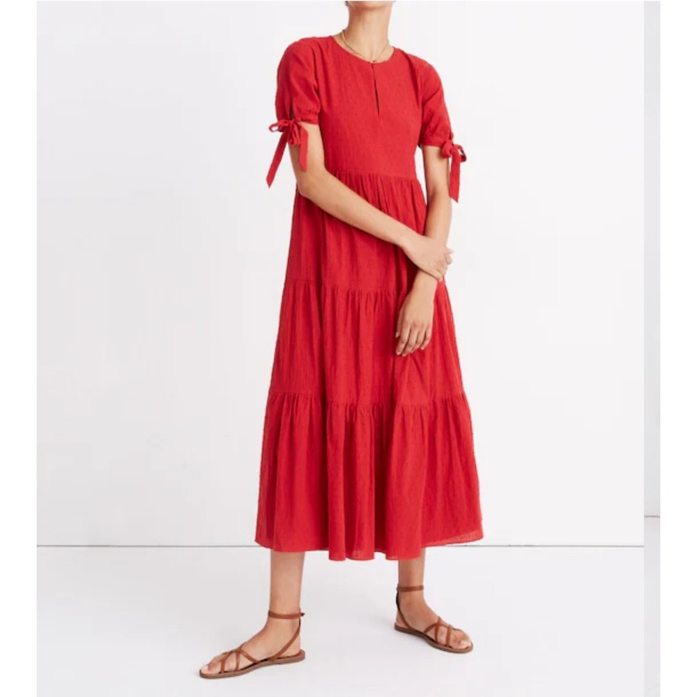 Madewell Red Swiss Dot Tiered Midi Dress Tie Sleeve XS Cotton Keyhole Lined
